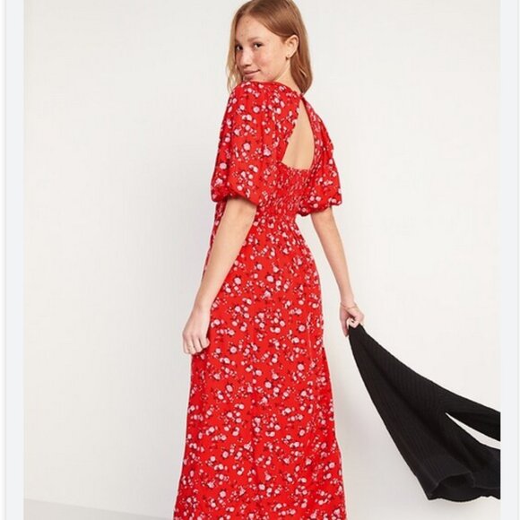 Old Navy Midi Puff Sleeve Dress in Red Floral - Picture 2 of 8